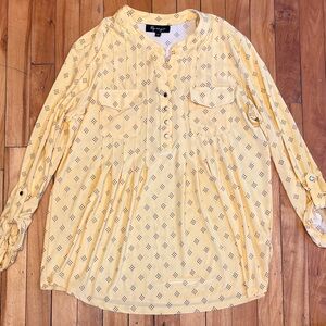 Yellow Black Diamond Print Button-Front Tunic with Pocket Detail - LARGE